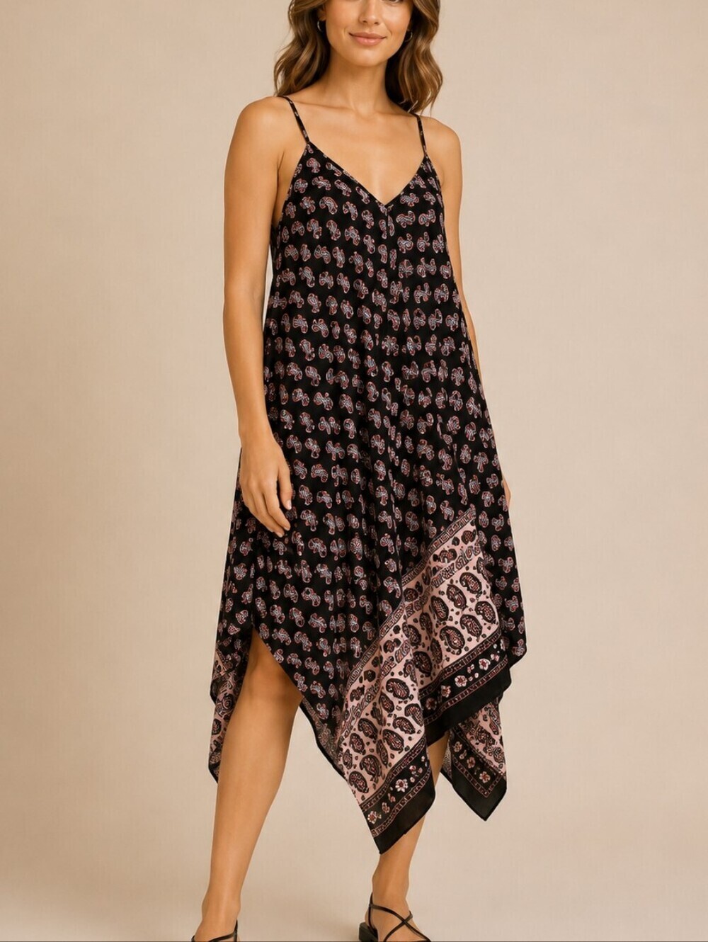 MAGIC 1990s Paisley Assymetric Sharkbite Spaghetti Strap Festival Slip Dress
